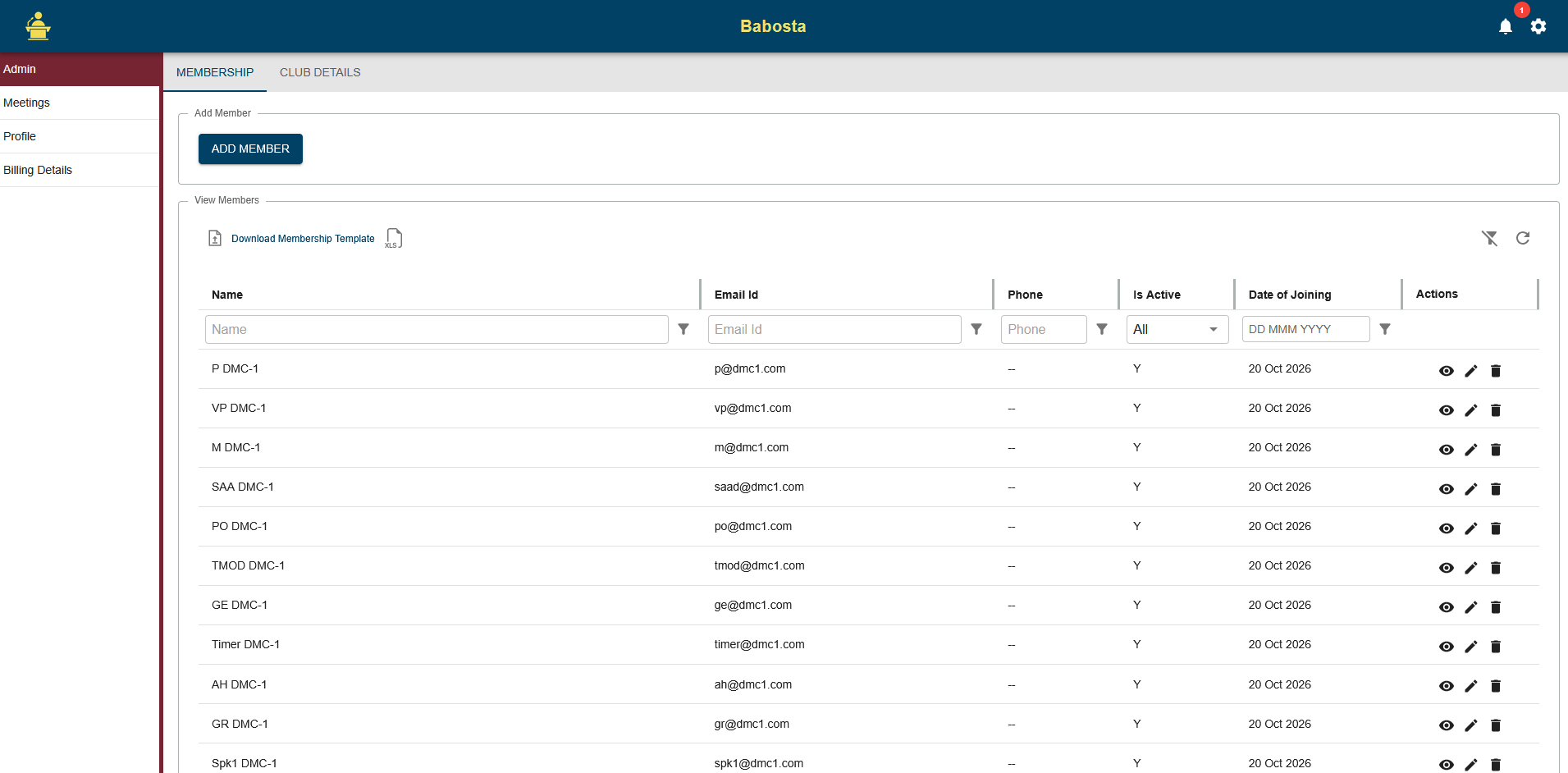 Admin member directory with filters for name, email, phone, active status, and joining date, plus member actions