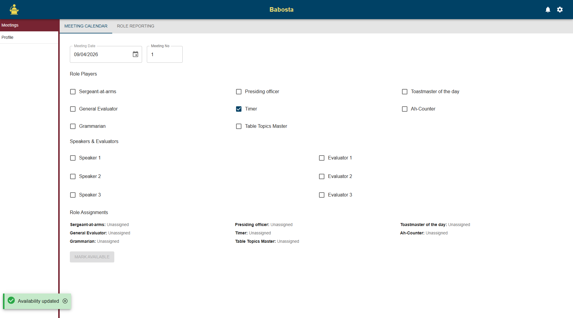 Meeting role availability screen with role options and assignment status