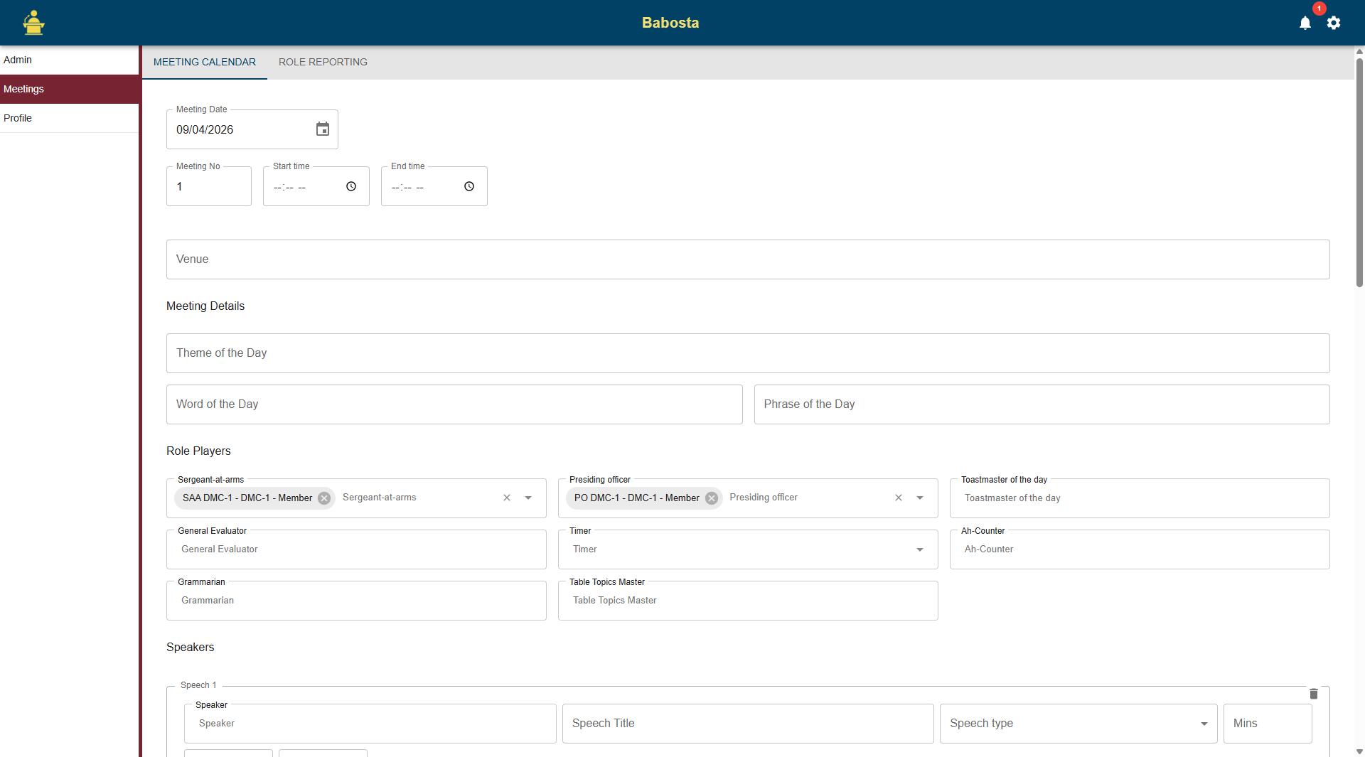Meeting setup screen with role assignments, speaker slots, date, and meeting details