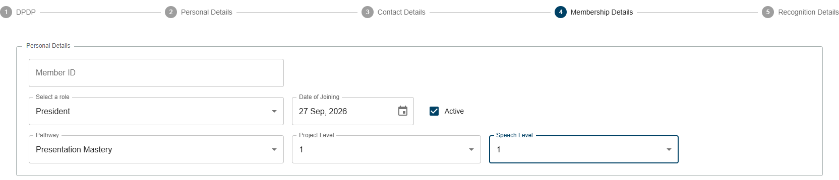 Membership setup form with member ID, role, join date, active status, pathway, and progress levels